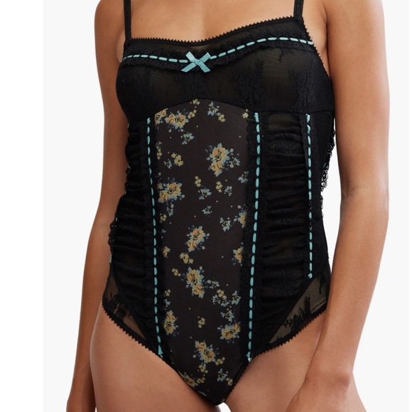 Free People Tops - Free People Black Lace Corset Bodysuit with Blue Floral Print Design